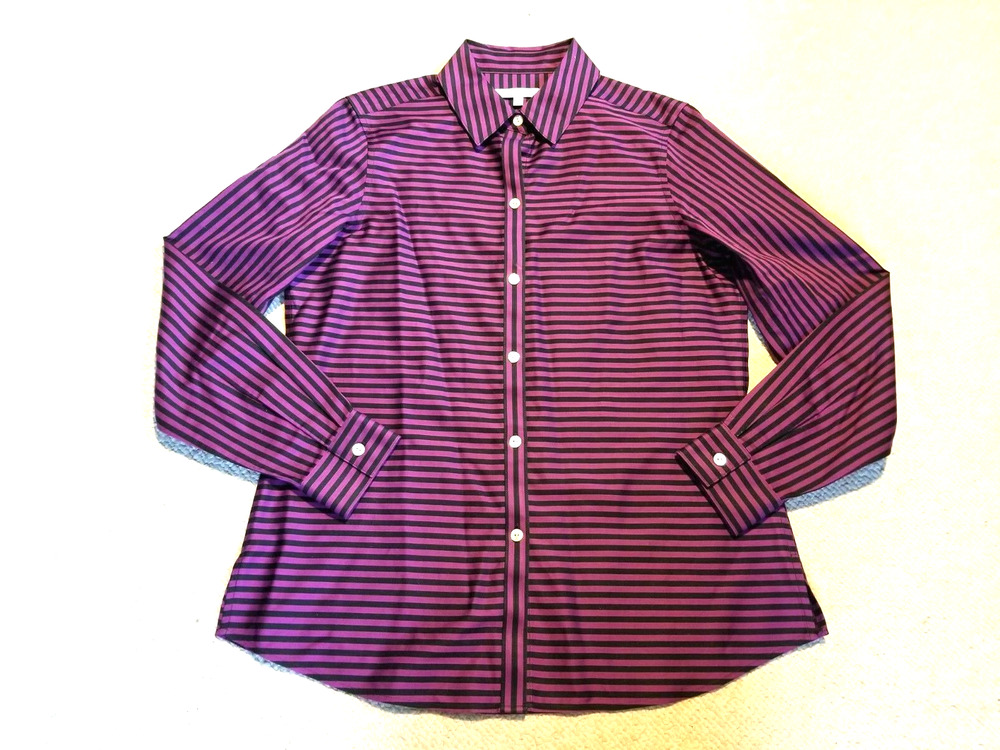 Womens Blouse-FOXCROFT-purple/black striped 100% cotton "shaped non-iron" ls-4